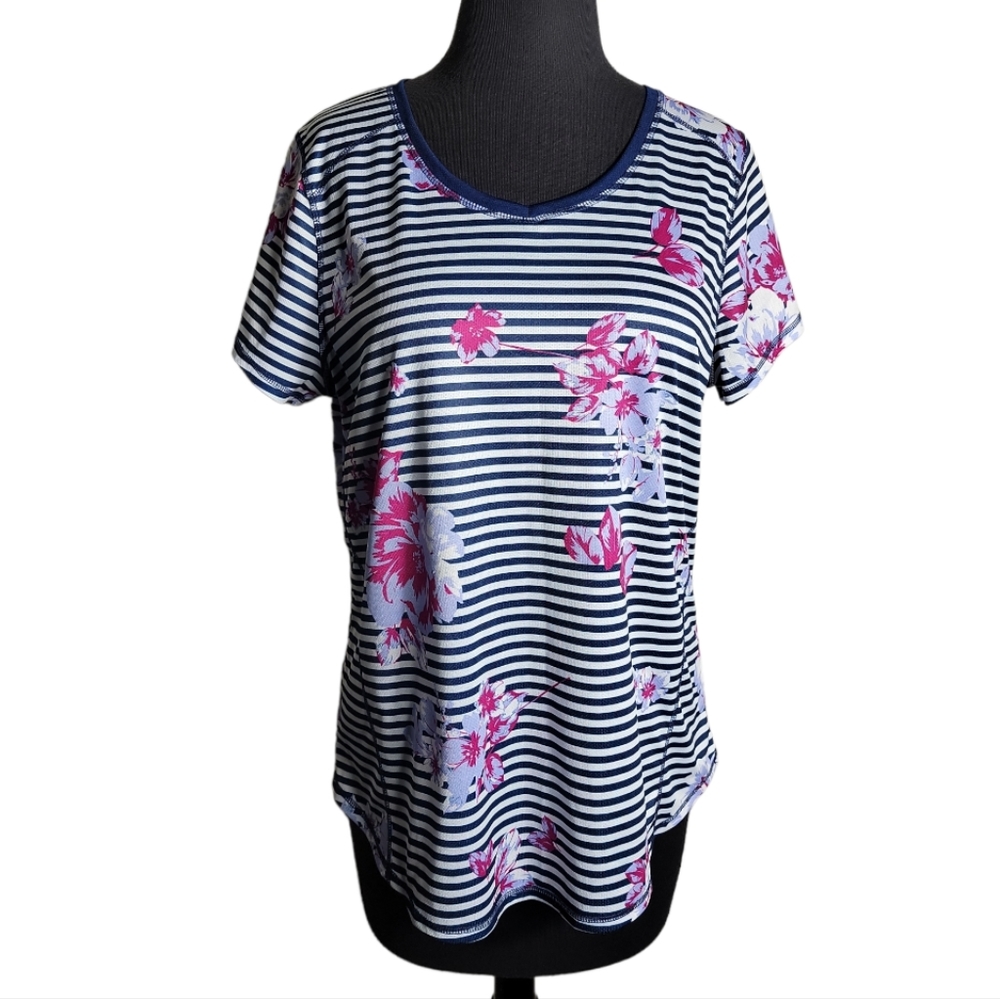 St John’s Bay active quick dri women's top large striped floral short sleeve tee
